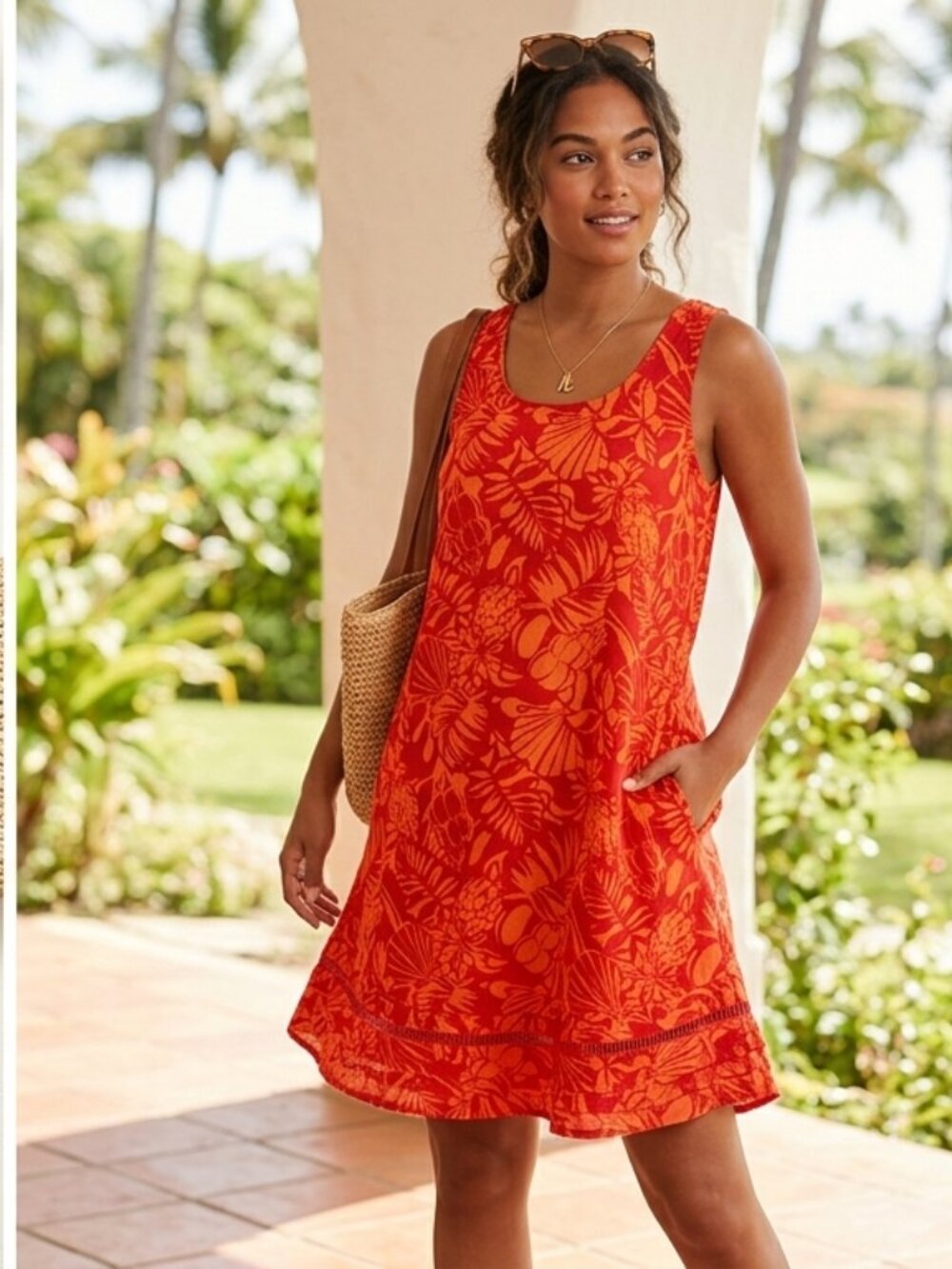 Nicole Miller Orange Tropical Linen Blend Vacation Mini Dress Size S